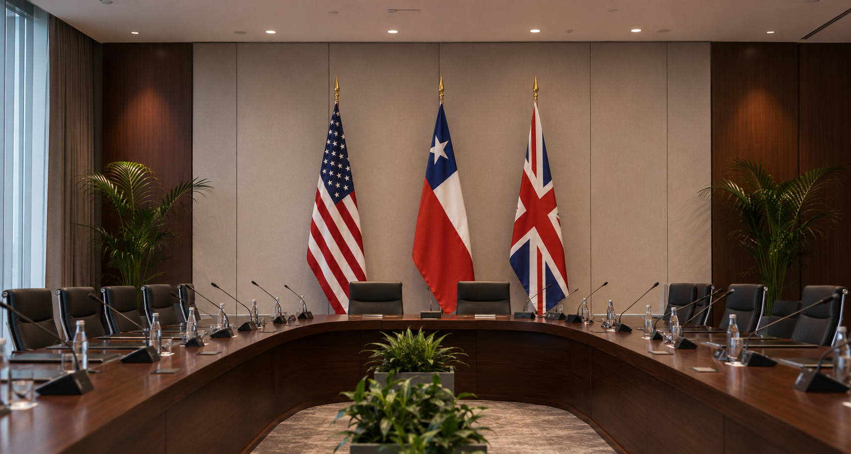 International meeting room with Chilean, U.S., and U.K. flags
