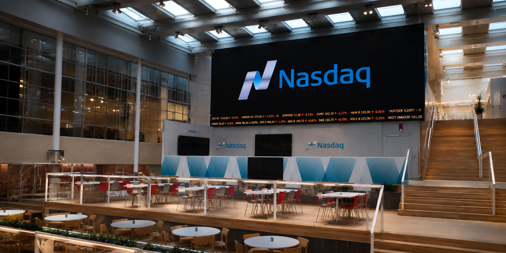 Nasdaq office and financial market display